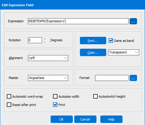 The Edit Expression Field dialog with ResetEXPR entered into the Expression field. Expression 1 enclosed in single quotes and within parentheses follows the reset expr function.